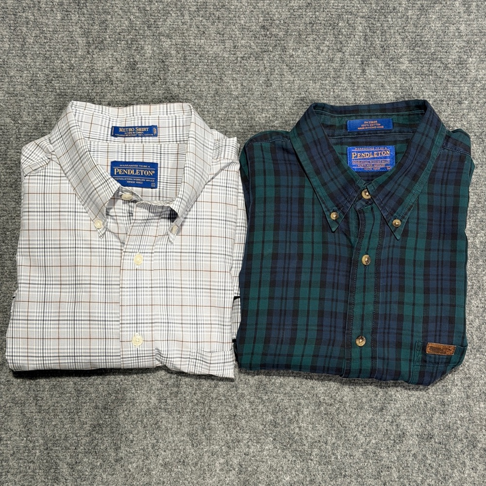 ( LOT OF 2 ) PENDLETON Men’s L Metro Shirts, Plaid Green & White Checks